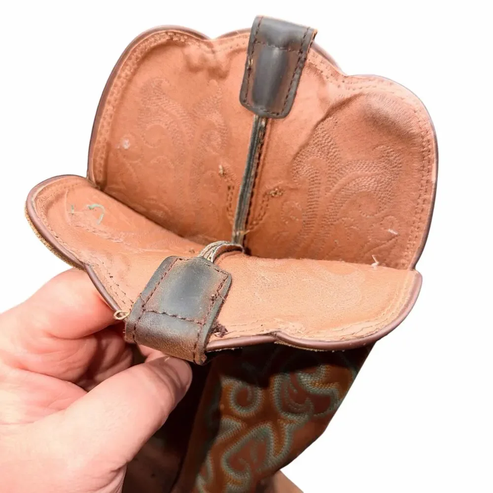 Justin Leather Western Boots Tan Turquoise Stitch Women 7B